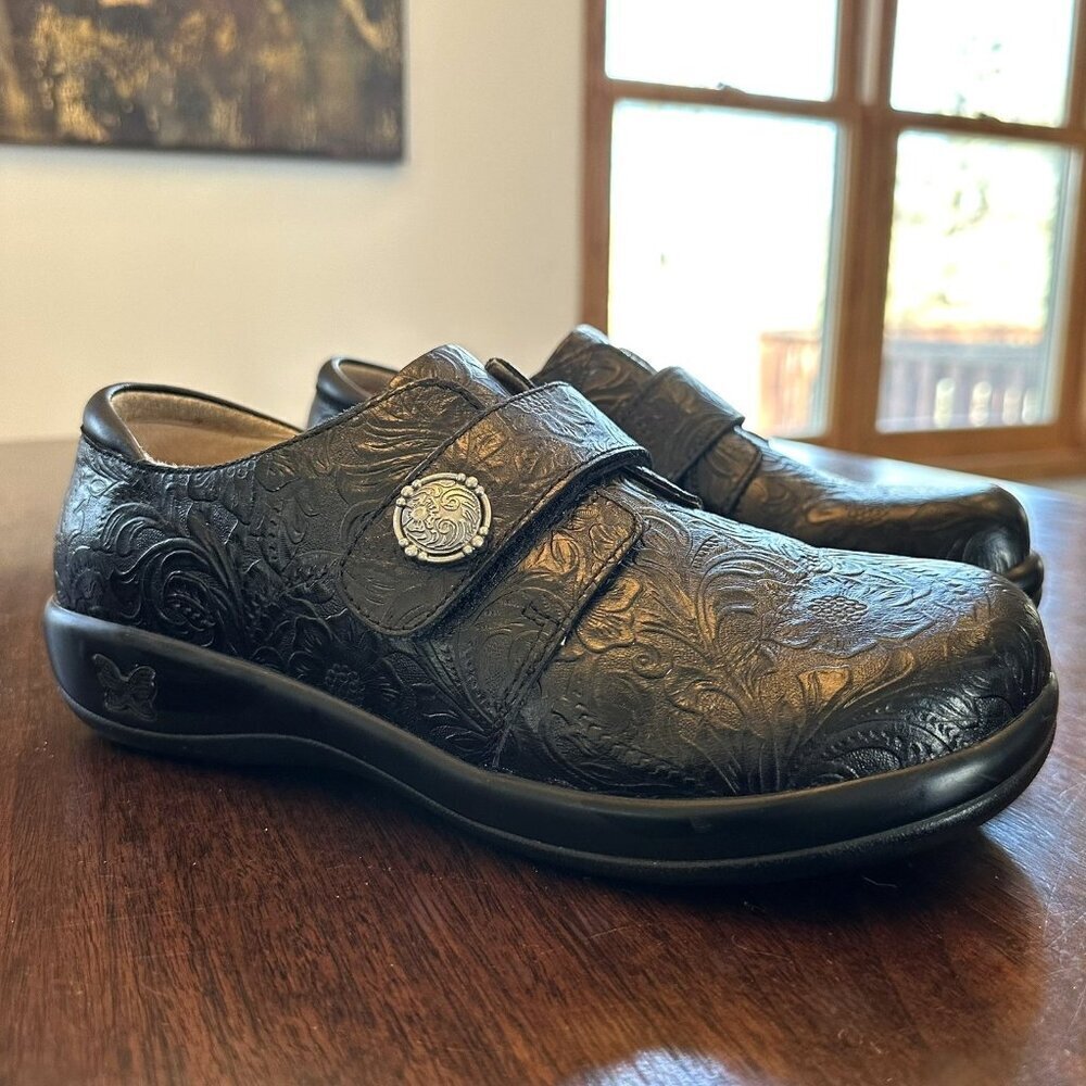 Alegria Black Embossed Leather Mary Jane Comfort Clogs EU 40 US 9–9.5